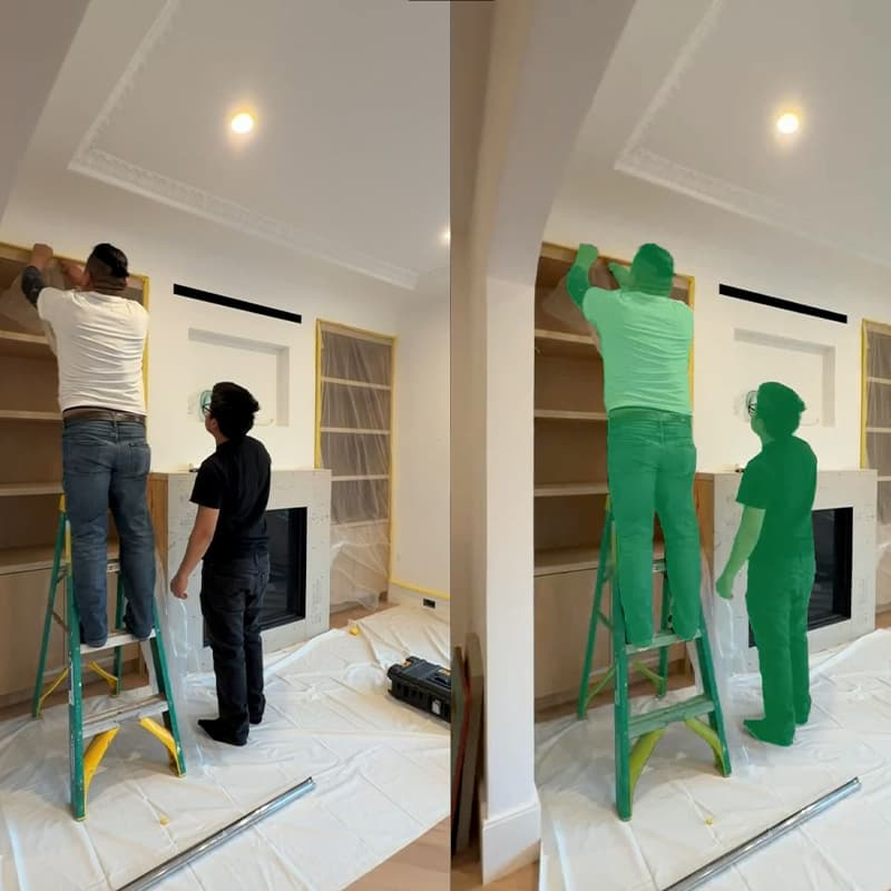 A jobsite photo beside the same frame with green segmentation masks over the workers, the ladder, and the surfaces.