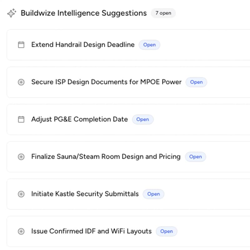 A BuildWize Intelligence Suggestions list showing seven open proposed tasks, each ready to review and act on.