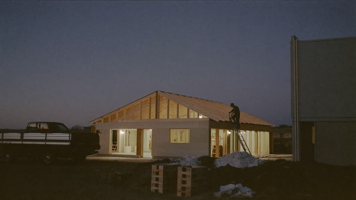 House under construction glowing from work lights at dusk