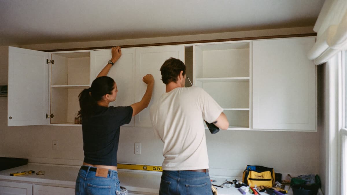 Cabinet installation crew fitting upper kitchen cabinets in a newly drywalled interior